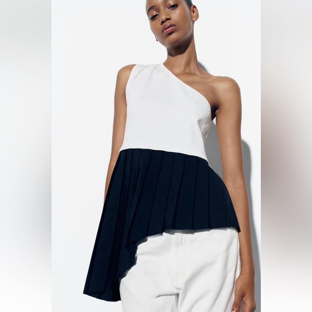 Zara TOP WITH CONTRASTING HEM. Black/White. Sizes S, L. New with Tags. - Picture 3 of 8